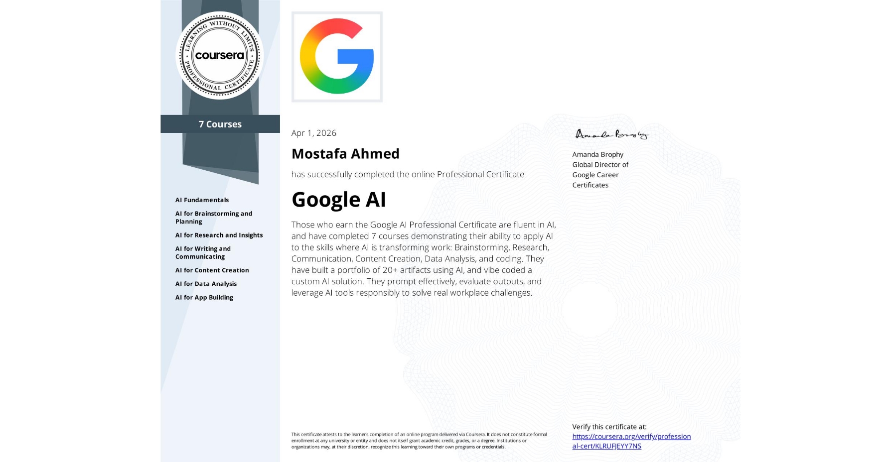 Google AI Professional Certificate certificate