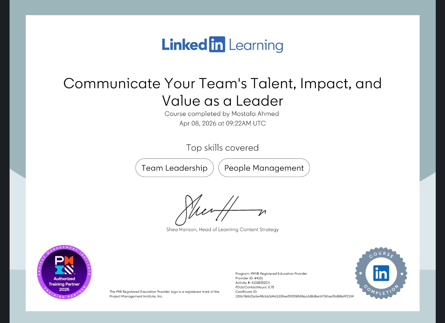 Communicate Your Team's Talent, Impact, and Value as a Leader certificate